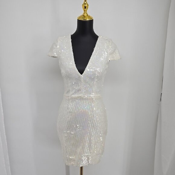 Dress The Population Elegant White Sequin Dress Cap Sleeve Adorable Mini Size XS - Picture 1 of 13
